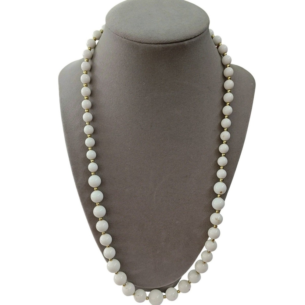 Beaded Necklace White Gold Tone Spacer Beads Spring Ring Clasp Classic Strand